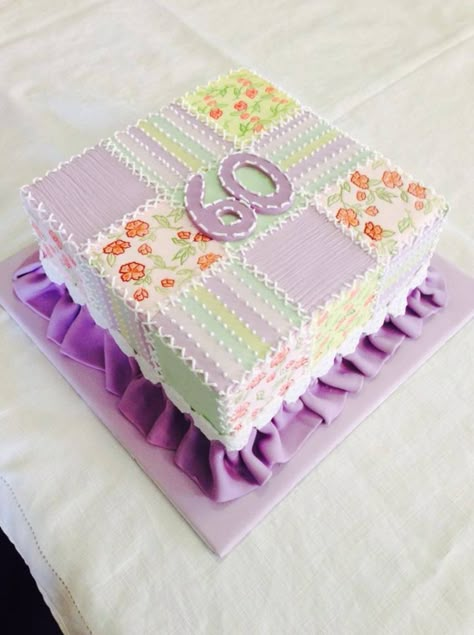 60th birthday patchwork cake                                                                                                                                                                                 More Quilting Themed Party, Patchwork Cakes Ideas, Quilting Cake Ideas, Quilt Cakes Birthday, Quilt Cake Ideas, Quilt Cake Ideas Buttercream, Fondant Quilt Cake, Quilted Birthday Cake, Quilt Birthday Cake