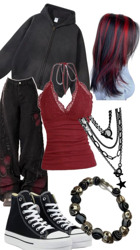 Grunge Outfits Red And Black, Emo Fall Outfits, Edgy Y2k Outfits, Grunge Outfits Fall, Street Style Outfits Casual, Trendy Outfits For Teens, 2000s Fashion Outfits, Swaggy Outfits, Cute Everyday Outfits