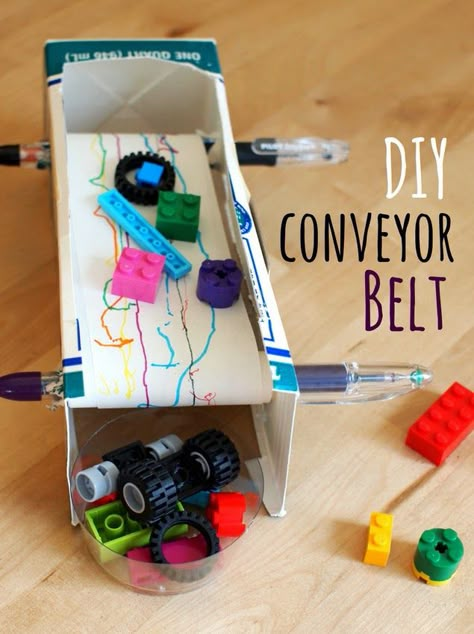 how to make a diy conveyor belt with kids! How Things Work Machines, Simple Machine, Engineering For Kids, Conveyer Belt Diy, Simple Machines For Kids, Engineering Elementary School, Conveyer Belt, Simple Machine Inventions For Kids, Diy Conveyor Belt