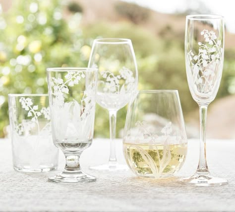 Monique Lhuillier Lily of the Valley Glassware Collection | Pottery Barn Champagne Flute Set, Construction Crafts, Glass Tumblers, Glassware Collection, Wine Goblets, White Lilies, Stemless Wine Glasses, Monique Lhuillier, Pottery Barn Teen