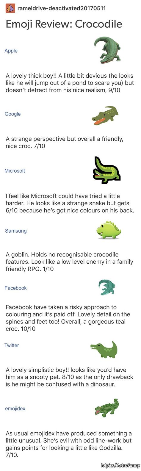 Crocodile emoji review ---I freaking love these emoji reviews #emojireview Rating Emojis Tumblr, Emoji Comparison, Rating Emojis, Emoji Ratings, Emoji Review, Tumblr Users, Wholesome Memes, Tumblr Posts, Tumblr Funny