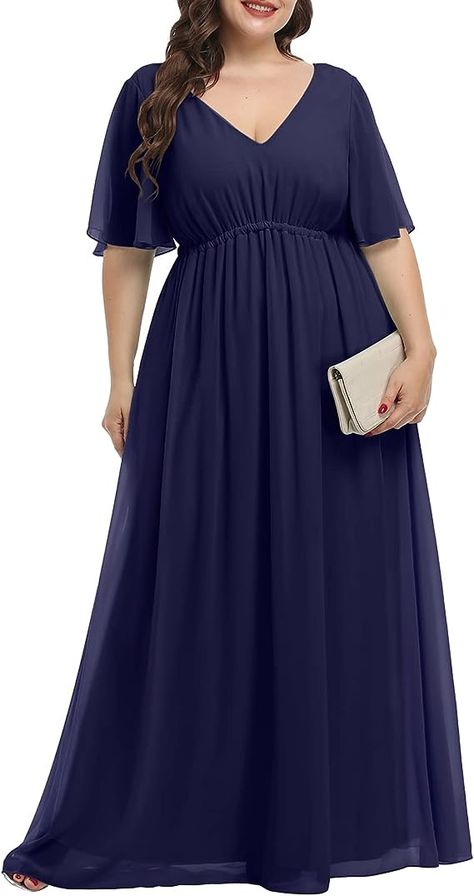 Navy Blue Dress for Women Bridesmaid Plus Size Maxi Formal Chiffon Wedding Party Ball Gowns Short Sleeve Long Dresses at Amazon Women’s Clothing store Navy Blue Gown Plus Size, Navy Blue Bridesmaid Dresses Long Plus Size, Gown For Plus Size Women, Plu Size Blue Dress, Blue V-neck Free Size Maxi Dress, Blue A-line Maxi Dress For Evening, Blue Dresses For Women, Plus Size Evening Gown, Floor Length Maxi Dress