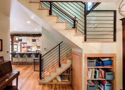 cubby under stairs Shelves Under Stairs, U Shaped Stairs, Loft Railing, Transitional Staircase, Metal Stair Railing, Contemporary Staircase, Stair Railing Design, Metal Stairs, Front Rooms