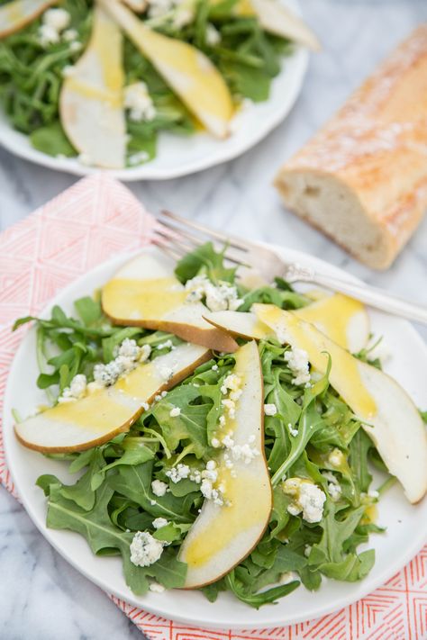 Recipe: Arugula, Pear & Blue Cheese Salad with Warm Vinaigrette | Kitchn Pear Blue Cheese Salad, Blue Cheese Salad Dressing, Pear And Blue Cheese Salad, Pear Blue Cheese, Salad With Pears, Cheese Salad Dressing, Thanksgiving Salad Recipes, Thanksgiving Salad, Blue Cheese Salad