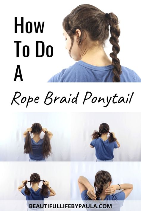 How to do a Rope Braid step by step with pictures! The Rope Braid Ponytail is the easiest braid to do on yourself, since it is a two-strand braid, rather than three. I love this hairstyle for long hair! Step By Step Braids On Yourself, Knot Braids, Braid Step By Step, Rope Braided Hairstyle, Hair Braid Designs, Twisted Braid, Hairstyle For Long Hair, Curly Haircut, Braiding Your Own Hair