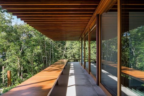 SM House by Jacobsen Arquitetura Shelter In The Woods, Large Glass Doors, Shelters In The Woods, Architectural Composition, Garden Pavilion, Sun And Rain, Minimal Wall, Two Story Homes, Wood Beams