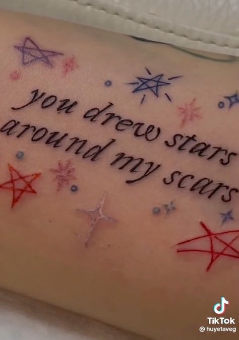 Euphoria Inspired Tattoos, All To Well Tattoos, Tattoo Ideas Female Lyrics, Picture To Burn Tattoo, Tattoos Taylor Swift Lyrics, Taylor Swift Stars Tattoo, Tattoo Ideas Taylor Swift Lyrics, Tattoos To Put Over Scars, Rot In Pieces Tattoo