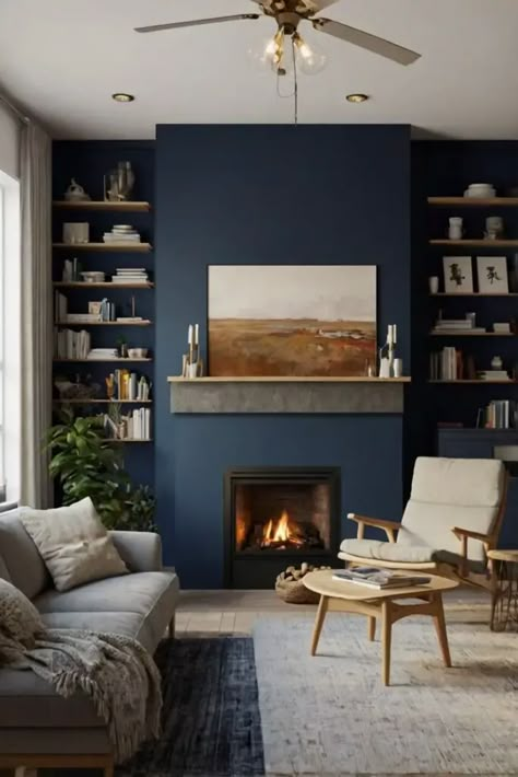 Navy Fireplace Wall, Dark Blue Fireplace, Blue Accent Wall Living Room, Blue Fireplace, Living Room With A Fireplace, Blue Walls Living Room, Fireplace Feature Wall, Cozy Scandinavian, Dark Blue Living Room