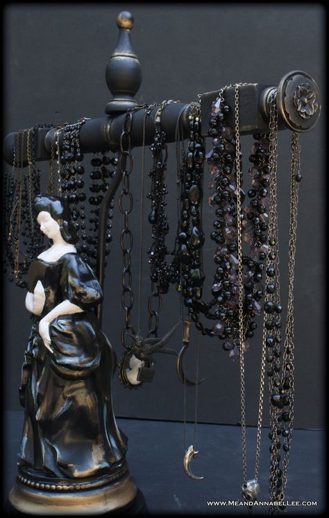 DIY Victorian Gothic Jewelry Stand - Transform an old lamp - Goth Home Decor - www.MeandAnnabelLee.com Diy Gothic Jewelry, Jewelry Stand Diy, Victorian Diy, Lamp Necklace, Diy Jewelry Stand, Diy Gothic, Victorian Gothic Jewelry, Stand Lamp, Annabel Lee