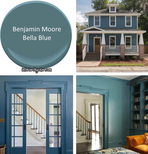 Benjamin Moore Bella Blue - Interiors By Color Bainbridge Blue Benjamin Moore, Blue Painted House Exterior, Medium Blue House Exterior, Bella Blue Benjamin Moore, Painted House Exterior, Weatherboard Exterior, Porch Refresh, Benjamin Moore Blue, Benjamin Moore Exterior