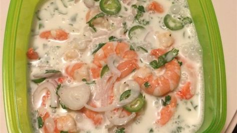 This is a simple take on ceviche. Instead of letting the shrimp 'cook' in citric acid, you boil them, then let them marinate in a rich and creamy coconut milk sauce. This is simple and refreshing for a nice summer day. Ceviche Recipes, Cooking With Coconut Milk, Shrimp Ceviche Recipe, Chicken Crockpot Recipes Healthy, Cooking Stone, Ceviche Recipe, Shrimp Ceviche, Coconut Milk Recipes, Cooking Courses