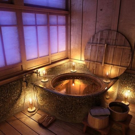 my honey's ideal bathtub...Goemon-buro (traditional japanese bath): You need to wear special Japanese "geta" when entering the bath. Artistic Bathroom, Romantic Bathrooms, Unique Bathroom Design, Japanese Soaking Tubs, Japanese Bath, Rustic Bathroom Designs, Bathtub Design, Rustic Bathroom Decor, Wooden Bathroom