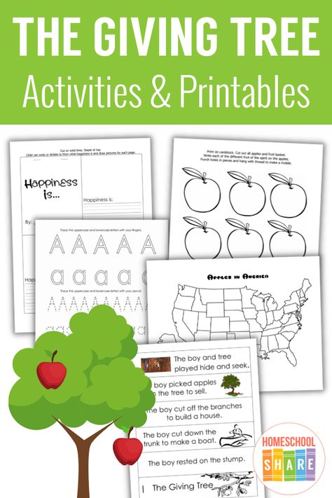 Free The Giving Tree Activities - Homeschool Share The Giving Tree Kindergarten Activities, What Do We Get From Trees Activity, Giving Tree Activities, The Giving Tree Activities, Study Printables, Tree Story, Apple Math, Tree Day, The Giving Tree