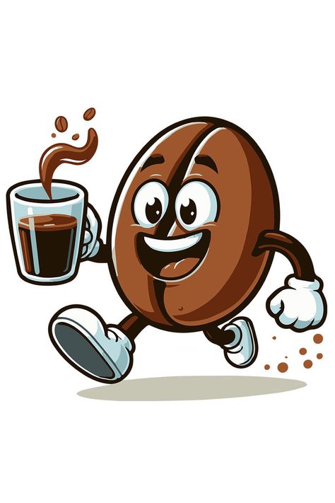 The graphic depicts an energetic coffee bean in motion with a coffee cup. The dynamic composition vividly captures the pleasure of coffee consumption and the dynamism of coffee drinking as the bean and the cup rush together through the frame. #coffee #funny Coffee Designs Art, Coffee Cup Drawing, Coffee Bean Art, Coffee Poster Design, Coffee Tattoos, Dynamic Composition, Coffee Vector, Marketing Poster, Mug Crafts