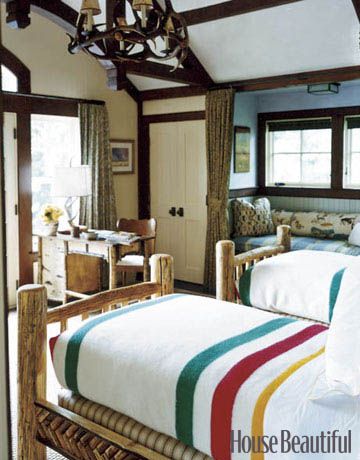 love the idea of the colors of a pendleton camp blanket...we could layer this at the foot of bed...too casual? too literal?  The blankets are dog friendly...important! Beautiful Bedroom Designs, Cabin Chic, Twin Beds, Pine Furniture, Twin Bedroom, Bedroom Pictures, Cabin Style, Rustic Bedroom, Beautiful Bedrooms