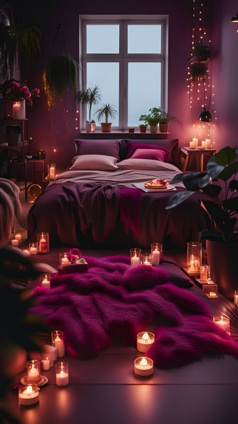 Aesthetic Room Ideas Pink, Bedroom Decor Baddie, Pink Cozy Bedroom, Aesthetic Room Cute, Candle Light Bedroom, Magenta Bedrooms, Bedroom Ideas Cute, Baddie Room Ideas, Pink Room Aesthetic