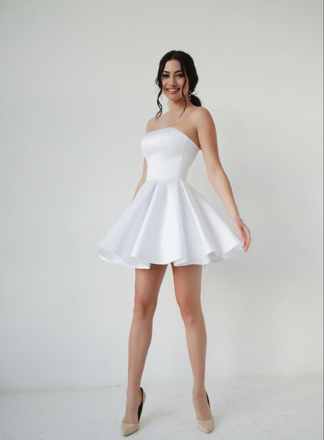 Prom dress, party dress, short wedding dress, white short dress Short Puffy Dresses Aesthetic, Short Satin White Dress, Wedding Short Dress Bride, White Short Puffy Dress, Halfprom Dress, White Satin Short Dress, White Satin Dress Short, Satin Short Wedding Dress, Glam Clothes