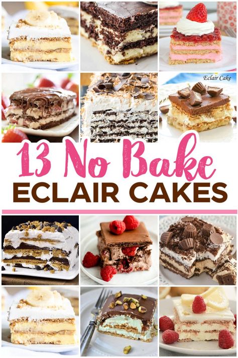 Satisfy your sweet tooth with our collection of easy eclair cake recipes! From classic no bake chocolate eclair cake to peanut butter & key lime flavors, we've got something for everyone. Impress your guests with our eclair cake with chocolate ganache that's sure to be a hit. Our homemade eclair cake recipe is easy to make & perfect for any occasion. Looking for the best chocolate eclair cake recipe? Our collection of no bake eclair cake recipes are sure to become a new favorite No Bake Chocolate Eclair Cake, No Bake Chocolate Eclair, No Bake Eclair, Eclair Cake Recipe, Eclair Dessert, Chocolate Eclair Dessert, Eclairs Dessert, No Bake Eclair Cake, Eclair Cake Recipes