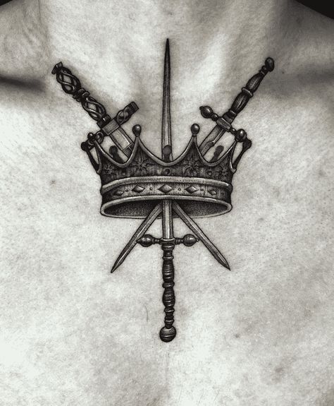 Medieval Crown Tattoo, Crown Chest Tattoo Men, Crown Tattoo Design Men, King Crown Tattoo Design For Men, Small Crown Tattoo Men, Crown Tattoo Chest, Mens Crown Tattoo, Crown And Swords Tattoo, Medieval Tattoo Design