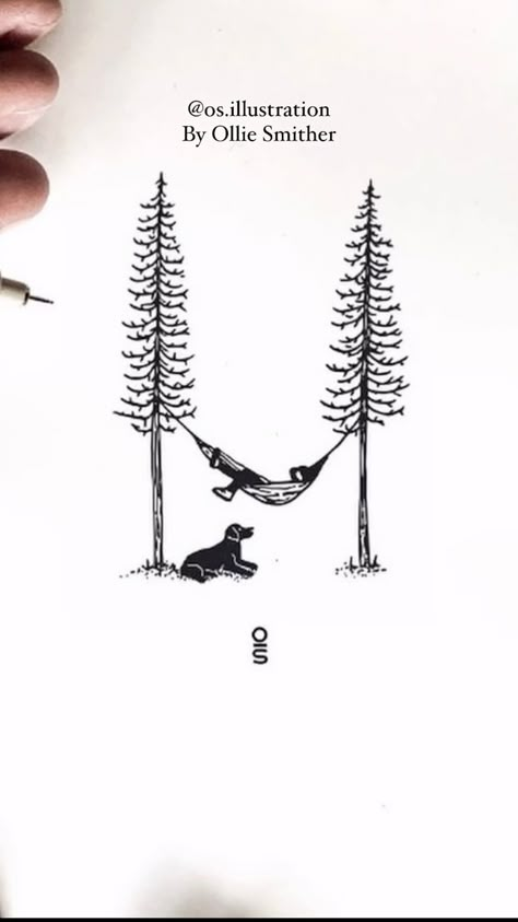 @os.illustrations Tree Dog Tattoo, Hiking Related Tattoos, Tree And Lake Tattoo, Hiking With Dog Tattoo, Camping Scene Tattoo, Nature Wrist Tattoo, Campfire Tattoo Simple, Conservation Tattoo, Camping Tattoos For Men