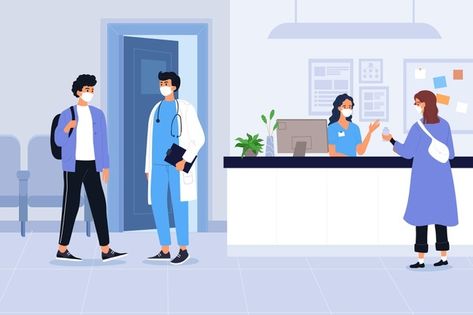 Flat-hand drawn hospital reception scene | Free Vector #Freepik #freevector #hand #doctor #hand-drawn #health Hospital Presentation, Dentist Illustration, Visuals Video, Medical Office Interior, Hospital Reception, Health Informatics, Preparing For Surgery, Unique Web Design, Chiropractic Clinic