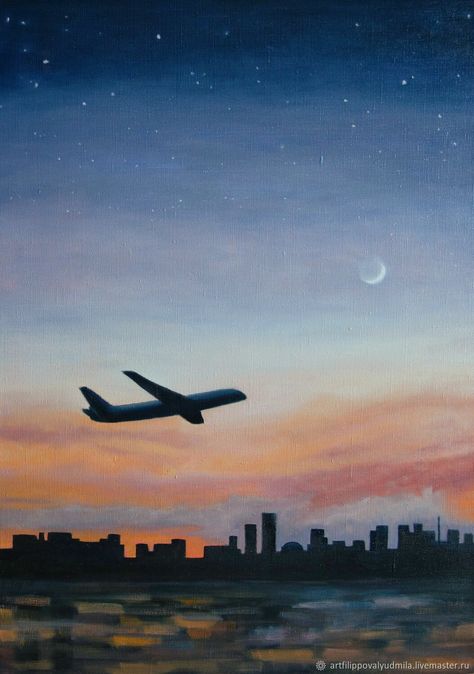 Plane Canvas Painting, Plane Watercolor Painting, Lukisan Ideas, Airplane Painting Easy, Plane Painting, Airplane Painting, Easy Landscape Paintings, Night Sky Painting, Concept Art Tutorial