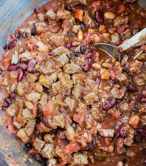 Thick, hearty steak chili with a generous amount of tri-tip steak, three types of beans, fire-roasted tomatoes, and green chiles to feed a crowd. #partyfood #steakchili #tritip Tri Tip Chili Slow Cooker, Tritip Chili, What Can I Make With Left Over Tri Tip, Tri Tip Chili Recipes, Leftover Tri Tip Recipes, Tri Tip Chili, Tri Tip Recipes, Steak Chili Recipe, Tritip Recipes