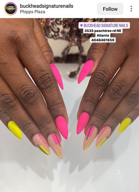 Neon Pink And Yellow Nails Acrylic, Neon Nails Pink And Yellow, Neon Pink Stiletto Nails, Hot Pink And Neon Yellow Nails, Fabulous Nails Designs, Nude And Hot Pink Nails, Yellow Stilleto Nails, Hot Pink And Yellow Nails, Pink And Yellow Nail Designs