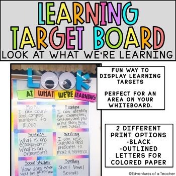 Look at what we're learning! This learning target board is a fun way to display your I can statements.What is included:-Black Letters-Outlined letters for color printing Kindergarten I Can Statements Display, What We’re Learning Bulletin Board, I Can Statement Bulletin Board Ideas, I Can Classroom Display, Classroom I Can Statement Board, I Can Statements Display White Board, Posting Learning Targets, What We're Learning Bulletin Board, Bulletin Board To Display Student Work