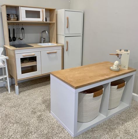 Preschool Play Kitchen Area, Kitchen In Playroom, Diy Play Checkout Counter, Playroom With Toy Kitchen, Play Kitchen Counter Space, Cube Shelf Play Kitchen, Playroom Play Kitchen, Working Kitchen For Kids, Play Kitchen In Living Room