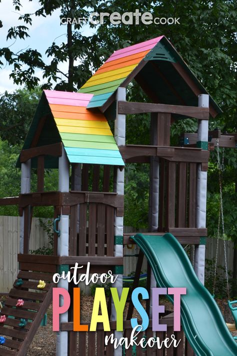 An outdoor playset makeover will tidy up your space and keep your investment in tip-top shape. Updating Outdoor Playset, Painting A Playset, Rainbow Playset Makeover, Playscape Makeover, Under Playset Ideas, Outdoor Playset Makeover, Playground Remodel, Painted Playset, Playground Makeover