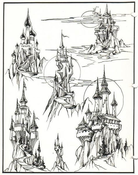 Tattoo Flash Designs 5 The Last Unicorn Castle, Last Unicorn Castle, Tattoo Castle, Castle Reference, Castle Drawings, Castle Tattoos, Castle Tattoo Design, Castle Architecture, Goth Castle