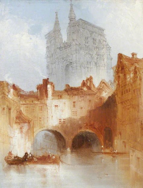 David Roberts - Canal Scene with Cathedral in Background Ap Backgrounds Subject, Ap Backgrounds, Art Asthetics, Guildhall Art Gallery, Toledo Cathedral, Architecture Paintings, David Roberts, Glasgow Museum, Oil Painting Gallery