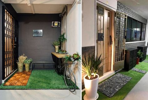 HDB Corridor Transformations in Singapore - legal & no renovation needed Entrance Corridor Ideas, Home Corridor Design, Outside Entrance Ideas, Arbor Backyard, Hdb Corridor, Door Entrance Decor, Corridor Ideas, Home Corridor, Entrance Corridor