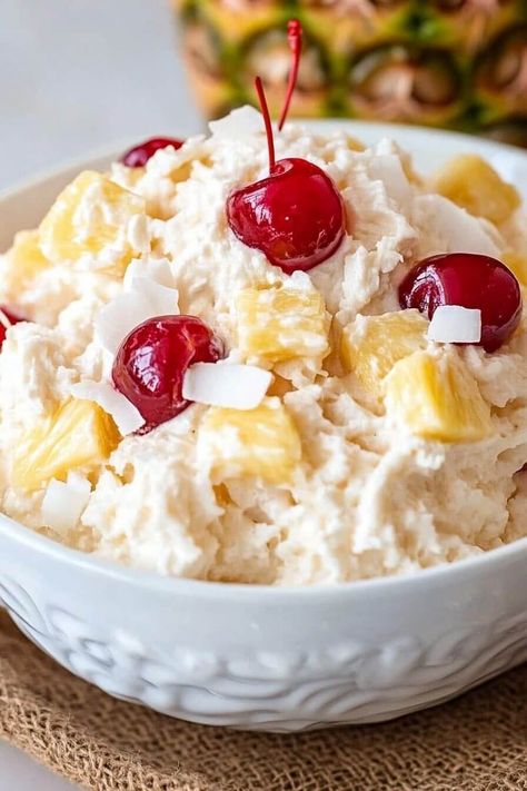 Hawaiian Pineapple Coconut Fluff Hawaiian Pineapple Fluff, Hawaiian Pineapple Coconut Fluff, Pineapple Coconut Fluff, Pineapple Fluff Recipe, Fluffy Salad, Food After Tooth Extraction, Hawaiian Dessert Recipes, Cool Whip Recipes, Jello Fluff