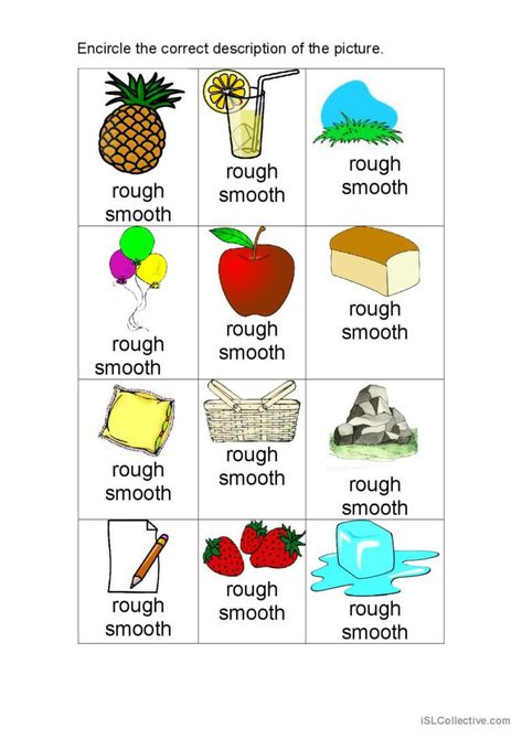 giving the correct texture of the following obects. Rough And Smooth Worksheet, Texture Worksheet, Describing Words, Esl Worksheets, Different Textures, Preschool Worksheets, Kindergarten Worksheets, Smooth Texture, Kindergarten