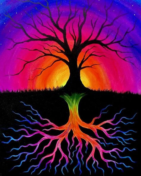 Glowing Tree Art, Blended Paintings, Trippy Nature Painting, Bright Colorful Painting Ideas, Tree With Roots Painting, Trippy Sunset Painting, Tree Roots Painting, Tree Root Painting, Trippy Acrylic Painting Ideas