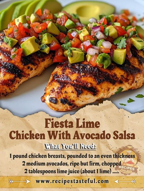 Bobby Flay Community - We Love To Eat ! | Fiesta Lime Chicken with Avocado Salsa Grilled Chicken With Avocado, Chicken With Avocado Salsa, Fiesta Lime Chicken, Healthy Grilled Chicken Recipes, Summer Dinner Recipes Grill, Chicken With Avocado, Grilled Chicken Avocado, Easy Grilling Recipes, Salsa Ingredients