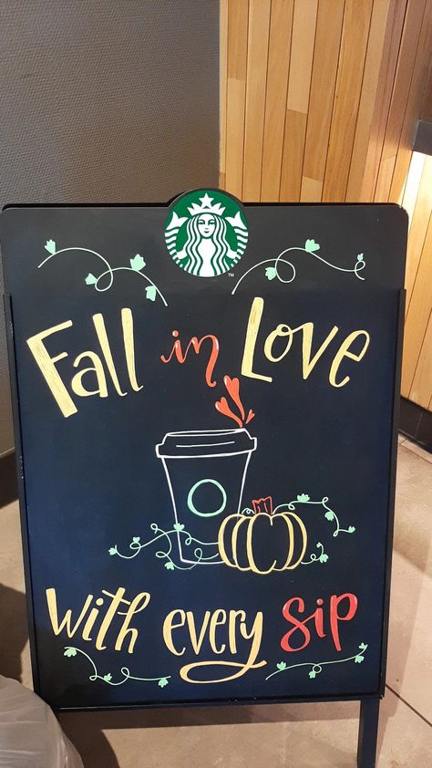 Autumn Coffee Chalkboard, Fall Coffee Sign Ideas, Starbucks Fall Board, Fall Menu Board Ideas, Fall Cafe Chalkboard, Fall Decor Restaurant, Fall Coffee Board Ideas, Fall Coffee Board, Fall Starbucks Signs