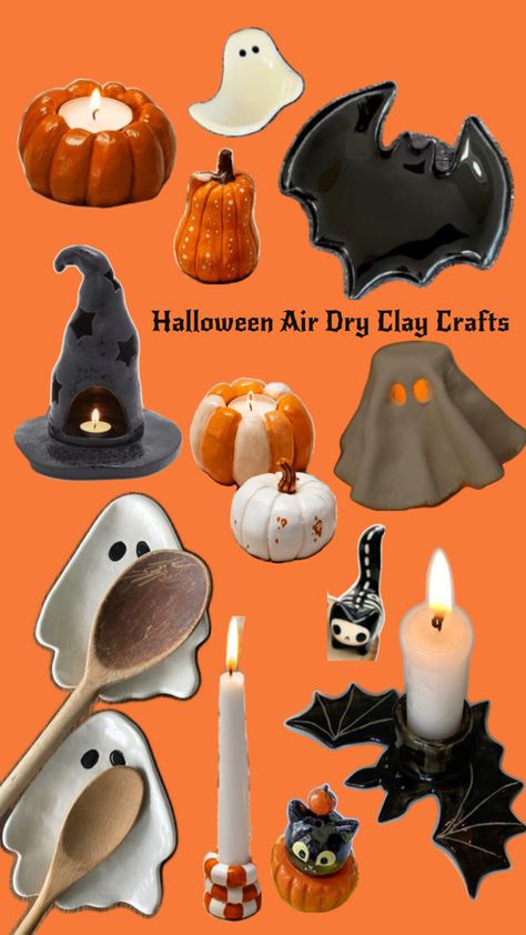 Spoon rests, black cat decor, tea light and candle stick holders - HALLOWEEN AIR DRY CLAY CRAFTS Halloween Air Dry Clay, Diy Halloween Candle Holders, Dry Clay Crafts, Clay Candle Holders Diy, Air Dry Clay Crafts, Clay Candle Holders, Black Cat Decor, Clay Candle, Halloween Clay