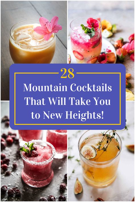 Collage of 4 mountain cocktails. Cabin Drinks Cocktails, Camping Themed Cocktails, Woodsy Cocktail, Mountain Cocktails, Cabin Cocktails, Cabin Drinks, Patron Drinks, Cabin Food, Olive Cocktail