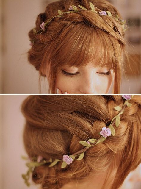 Guide for the dream fairytale wedding – bridal fairy hairstyle ideas for long hair | My view on fashinating things Flowers In Her Hair, Prom Hairstyles For Long Hair, Popular Haircuts, Penteado Cabelo Curto, Victoria Secrets, Braided Updo, Hair Envy, Hair Dos, Bridesmaid Hair