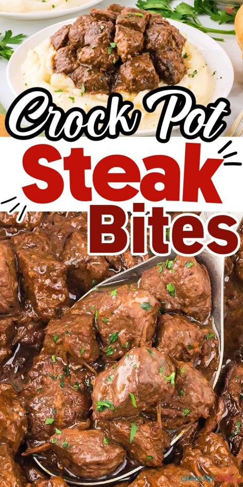 Crockpot Recipes Minute Steak, Beef Cubes Recipe Slow Cooker, Crock Pot Meals For Men, Beef Stew Tips Crock Pot, Slow Cook Beef Tips Crock Pot, Cube Steak Bites Recipes, Easy Crockpot Steak Bites, Round Steak Recipes Easy Crock Pot, Beef Tips And Broccoli Crock Pots