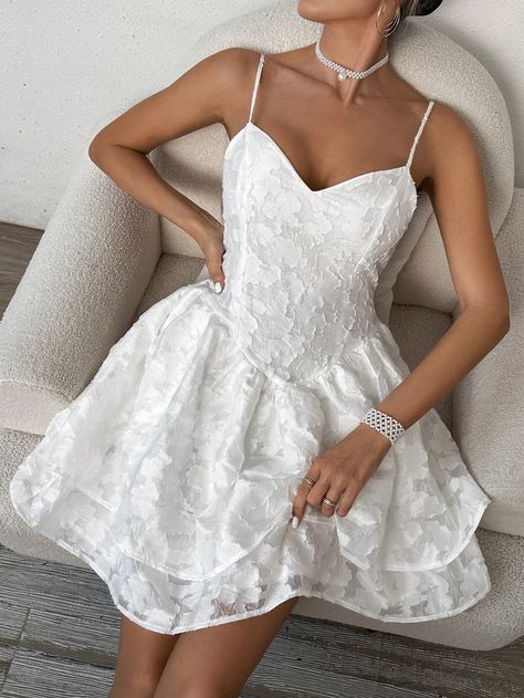 White Elegant Collar Sleeveless Fabric Plain Cami Embellished Non-Stretch  Women Clothing White Dresses Short, Blue And Yellow Dress, White Women Dresses, White Homecoming Dresses, Rush Dresses, Sundress Dress, Flowy Mini Dress, Bridal Shower Dress, Strappy Dress