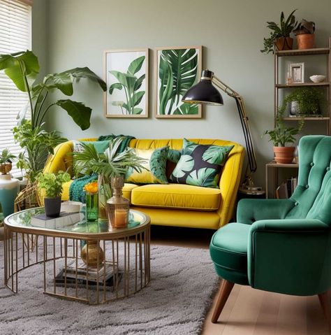 Green Room Yellow Sofa, Yellow And Green Apartment, Green And Yellow Living Room Decor, Mustard Yellow And Green Living Room, Bright Color Room, Green And Mustard Living Room, Green Yellow Living Room, Yellow And Green Living Room, Green And Yellow Living Room