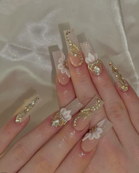 Sweet 16 Nails, Champagne Nails, Quince Nails, Quinceanera Nails, Gold Acrylic Nails, Milky Nails, Girly Acrylic Nails, Long Square Acrylic Nails, Unique Acrylic Nails