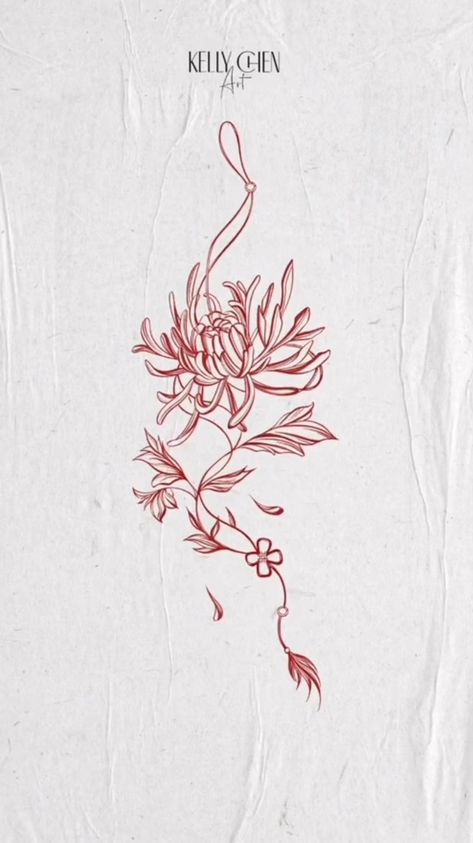 Kelly Chen, Brown Tattoo Ink, Water Lily Tattoos, Chrysanthemum Tattoo, Virgo Tattoo, Spine Tattoos For Women, Red Ink Tattoos, Geniale Tattoos, Asian Tattoos