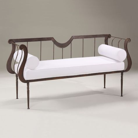 Hand-wrought iron bench with off-white muslin cushion, two bolsters and rust brown finish; w. x d. x h. overall. Seat cushion measures x x thick. Bedrooms Furniture, Wrought Iron Bench, Iron Furniture Design, Wrought Iron Chairs, Wrought Iron Furniture, Wrought Iron Decor, Decorative Crafts, Iron Bench, High Back Dining Chairs