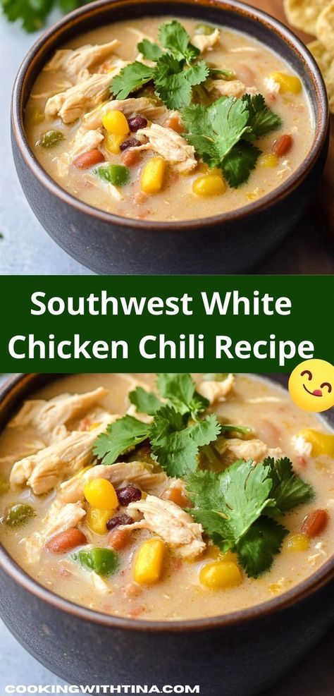 Searching for a family-friendly meal? This Southwest White Chicken Chili Recipe features tender chicken and zesty spices, creating a delightful dinner that everyone will enjoy, perfect for any night of the week. Southwest White Chicken Chili, White Bean Chicken Chili Recipe, White Chicken Chili Slow Cooker, White Chicken Chili Recipe, White Bean Chicken Chili, White Chili Chicken Recipe, Chili Recipe Crockpot, Easy Chili, Chili Recipe Easy