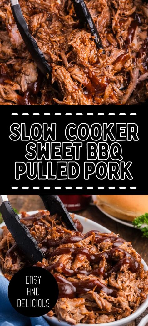 Collage of closeup shot of slow cooker BBQ pulled pork at top and platter full of slow cooker BBQ pulled pork at bottom. Pulled Pork Crock Pot Recipes Bbq, Crock Pot Bbq Pulled Pork, Pulled Pork Crock Pot Recipes Easy, Best Slow Cooker Pulled Pork, Bbq Pork Roast, Easy Pulled Pork Crock Pot, Slow Cooker Pulled Pork Recipe, Easy Pulled Pork Slow Cooker, Crockpot Pulled Pork Bbq